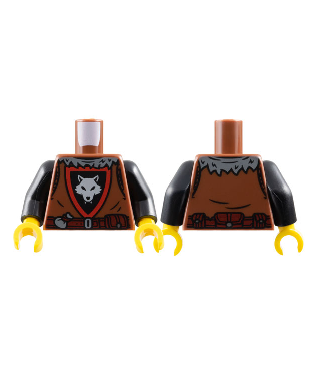 LEGO - Torso kasteel Wolfpack met zwart-rood schild, lichtgrijze wolf, donkergrijze kraag en donkerrode riem met tassen / zwarte armen / gele handen - Reddish Brown | N