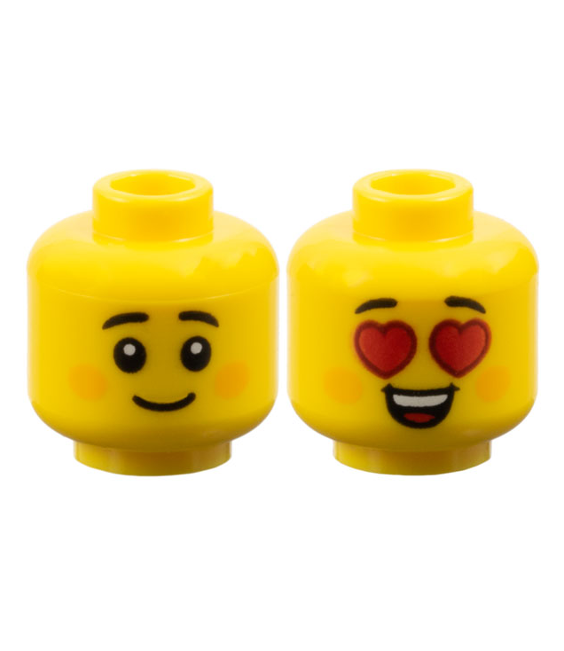 LEGO - Minifiguur-hoofd dubbelzijdig kind, kleine zwarte wenkbrauwen, oranje blosjes, grijns / rode hartenogen met open mond en tong - geventileerde nop - Yellow | N