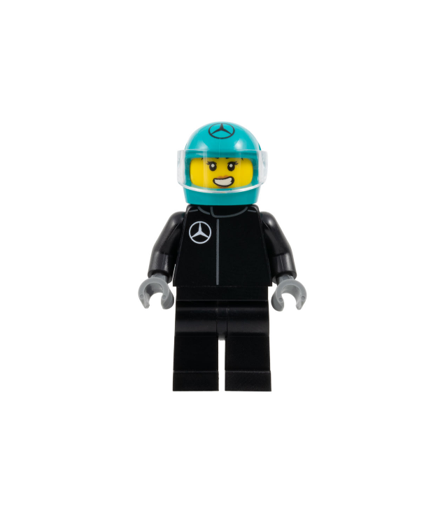 LEGO - Mercedes-AMG F1-coureur - vrouw, zwart racepak, donker-turquoise helm, doorzichtig vizier - | N