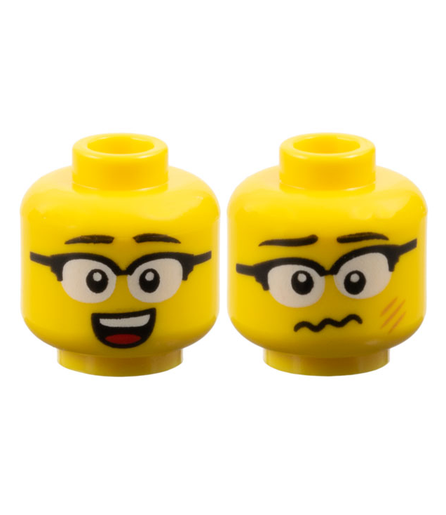 LEGO - Minifiguur-hoofd dubbelzijdig, zwarte wenkbrauwen, bril met witte lenzen, open glimlach / duizelig gezicht met nougatkleurige krassen - geventileerde nop - Yellow | N