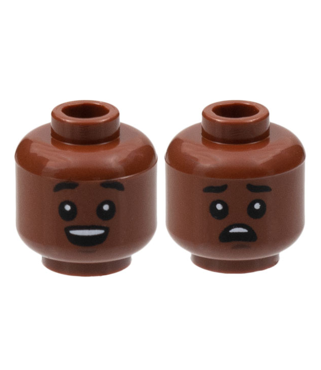 LEGO - Minifiguur-hoofd dubbelzijdig, opgetrokken zwarte wenkbrauwen en witte pupillen, open mond / bezorgd patroon - holle nop - Reddish Brown | N