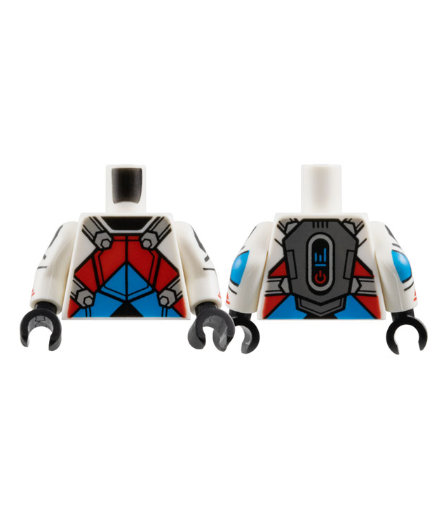 LEGO - Torso pantser met zwarte hals, donkerazuur en rode chevrons, lichtgrijze riemen en donkergrijze jetpack op rug / witte armen met zwarte achthoek, donkerazuur elleboog en rood sportbergpatroon / zwarte handen - White | N