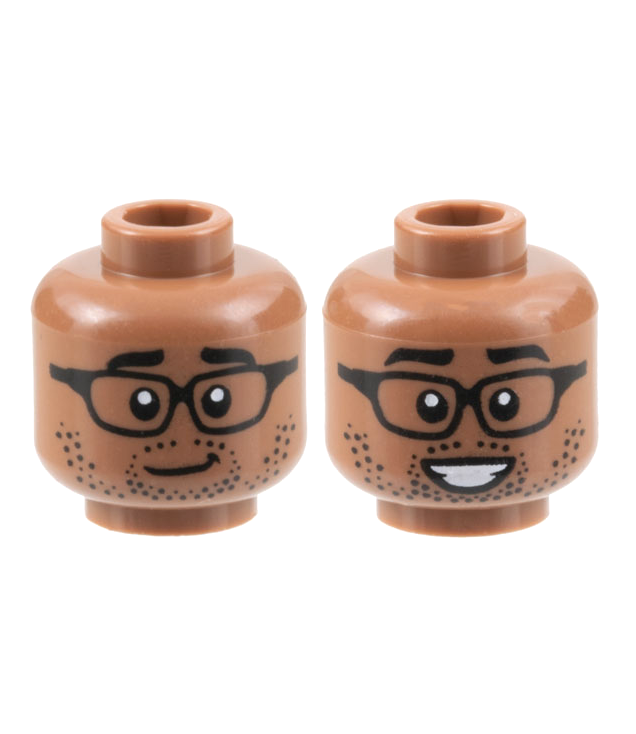 LEGO - Minifiguur-hoofd dubbelzijdig, zwarte wenkbrauwen, bril, stoppels, scheve grijns / glimlach met tanden - holle nop (3626cpb3154) - Medium Brown | N