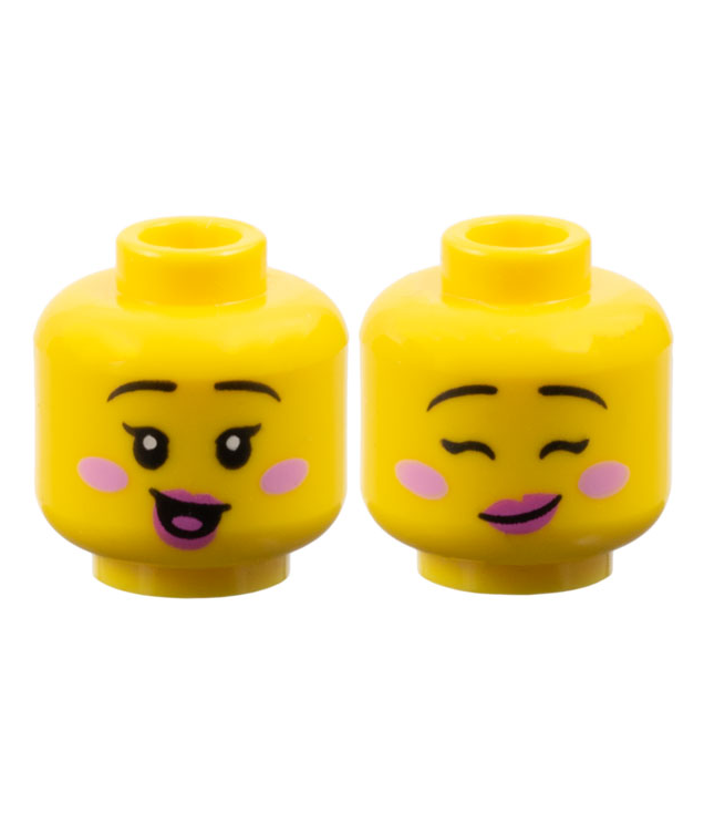 LEGO - Minifiguur-hoofd dubbelzijdig vrouw, dunne zwarte wenkbrauwen, enkele wimpers, roze wangen, donkerroze lippen, open mond met tong / scheve grijns met gesloten ogen - geventileerde nop - Yellow | N