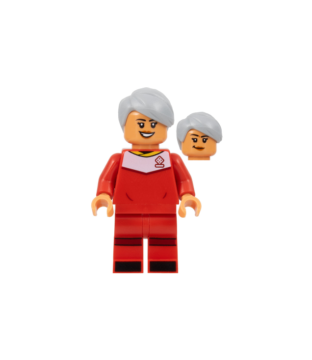 LEGO - Voetbalster, rood tenue, nougat huidskleur, lichtblauwgrijs haar - | N