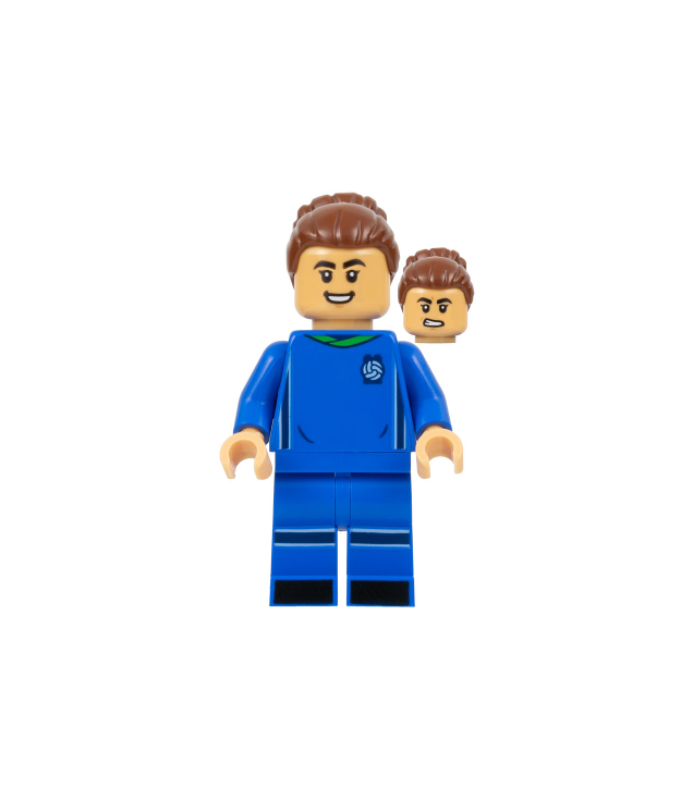 LEGO - Voetbalster, blauw tenue, midden-tan huidskleur, roodbruine knot - | N