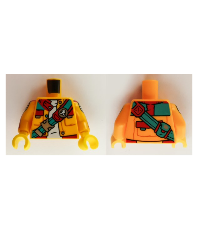 LEGO - Torso jas met zakken, wit shirt, donker-turquoise en rode band met Chinees logogram '天' (hemel), oranje armen met rode strepen en zwart-witte doelen / gele handen - Bright Light Orange | N