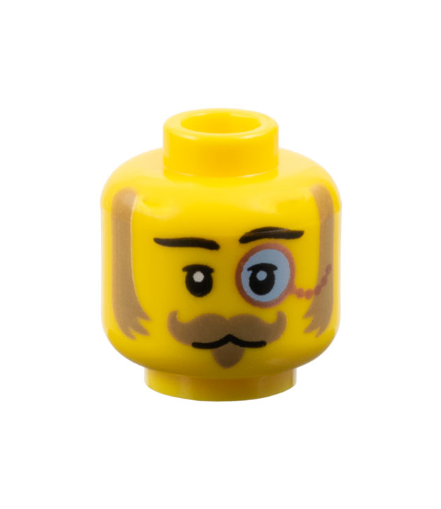 LEGO - Minifiguur-hoofd met zwarte wenkbrauwen, bovenste oogleden, donkerbruine bakkebaarden, gekrulde snor en sikje, koperen monocle met lichtblauwe lens, neutraal patroon - geventileerde nop - Yellow | N