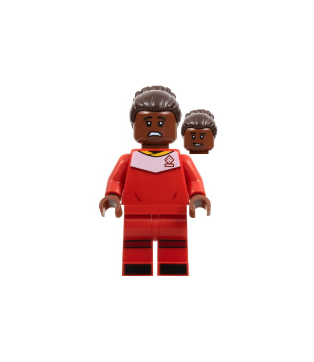 LEGO - Voetbalster, rood tenue, roodbruine huidskleur, donkerbruin haar met knot - | N