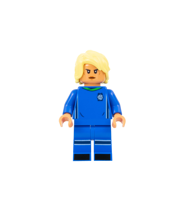 LEGO - Voetbalster, blauw tenue, nougat huidskleur, lichtgele haren - | N