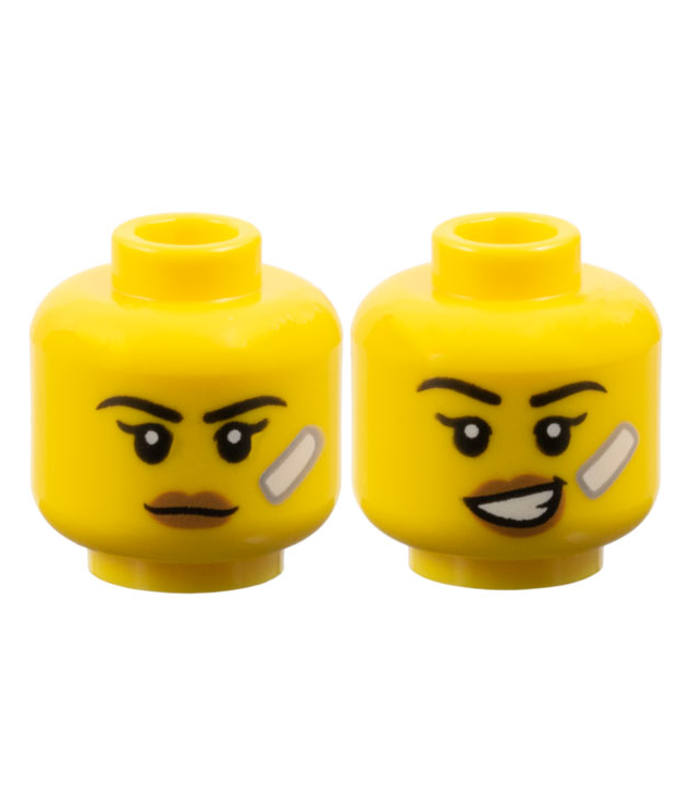 LEGO - Minifiguur-hoofd dubbelzijdig vrouw, zwarte wenkbrauwen, enkele wimpers, nougat lippen, witte pleister, neutraal / scheve glimlach met tanden - geventileerde nop - Yellow | N