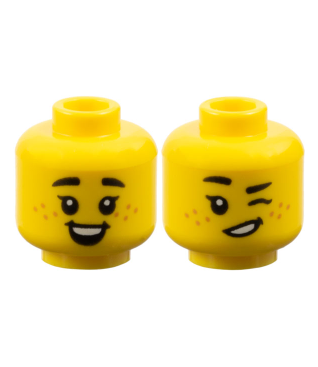 LEGO - Minifiguur-hoofd dubbelzijdig kind vrouwelijk, dikke zwarte wenkbrauwen, enkele wimpers, nougat sproeten, open mond glimlach met kuiltjes en boventanden / knipogend patroon - geventileerde nop - Yellow | N