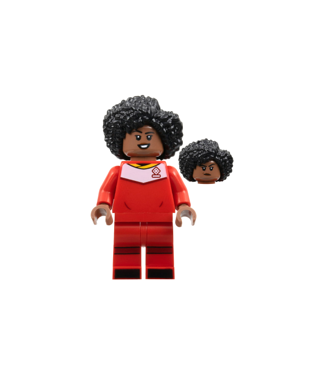 LEGO - Voetbalster, rood tenue, middelbruine huidskleur, zwart vol haar - | N