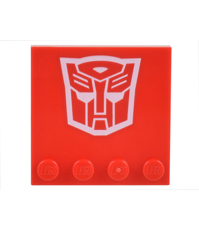 LEGO - Tegel, gemodificeerd 4 x 4 met noppen aan rand en wit Transformers-Autobot-symboolpatroon - Red | N