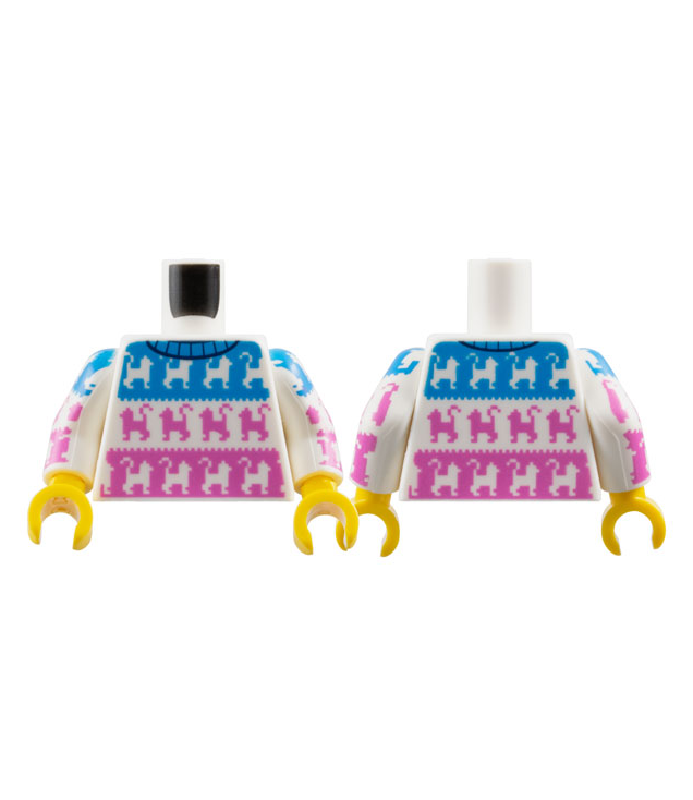 LEGO - Torso trui met zwarte kraag en katten op donker-azuur en donkerroze panelen / witte armen met kattenpatroon / gele handen - White | N
