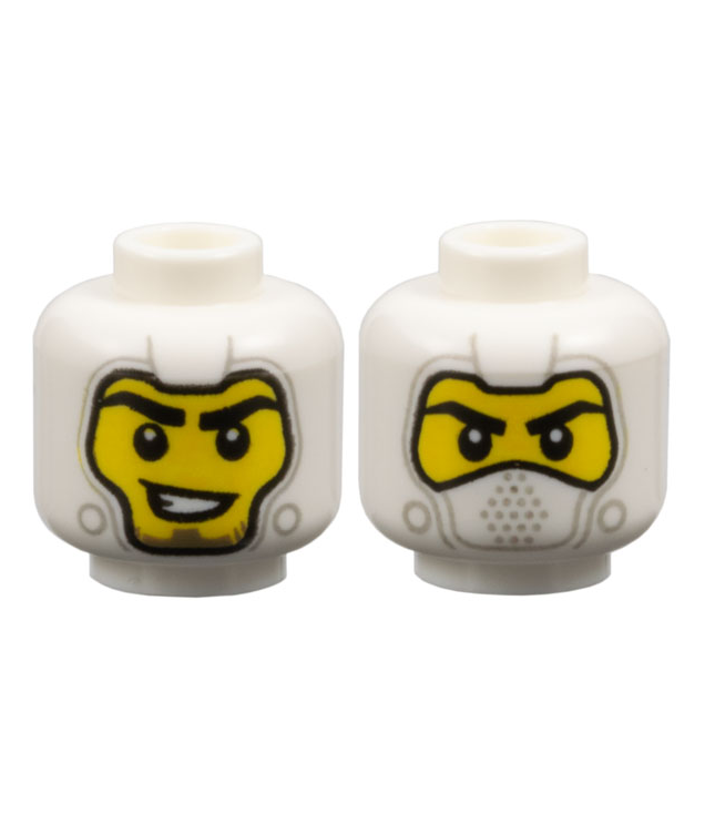 LEGO - Minifiguur-hoofd dubbelzijdig met bivakmuts, lichtblauwgrijze details, geel gezicht, zwarte wenkbrauwen, scheve glimlach / bedekte mond - geventileerde nop - White | N