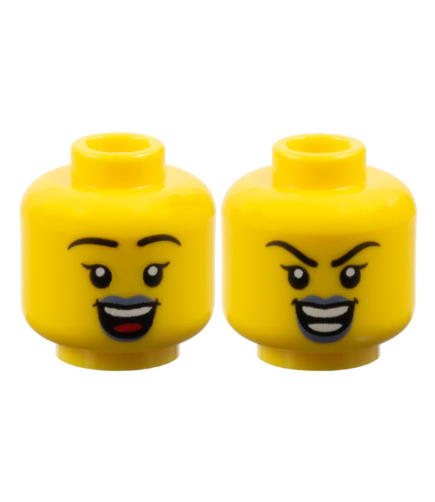 LEGO - Minifiguur-hoofd dubbelzijdig vrouw, zwarte wenkbrauwen, enkele wimpers, zandblauwe lippen, open glimlach / kwaad gezicht met gescheiden tanden - geventileerde nop - Yellow | N
