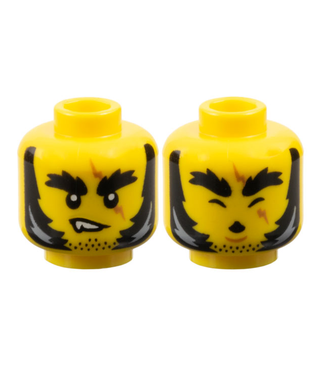 LEGO - Minifiguur-hoofd dubbelzijdig, dikke zwarte wenkbrauwen, stoppels en bakkebaarden met grijze accenten, zigzaglitteken, scheve grijns met hoektand / huilend met gesloten ogen en kin­kuiltje - geventileerde nop - Yellow | N
