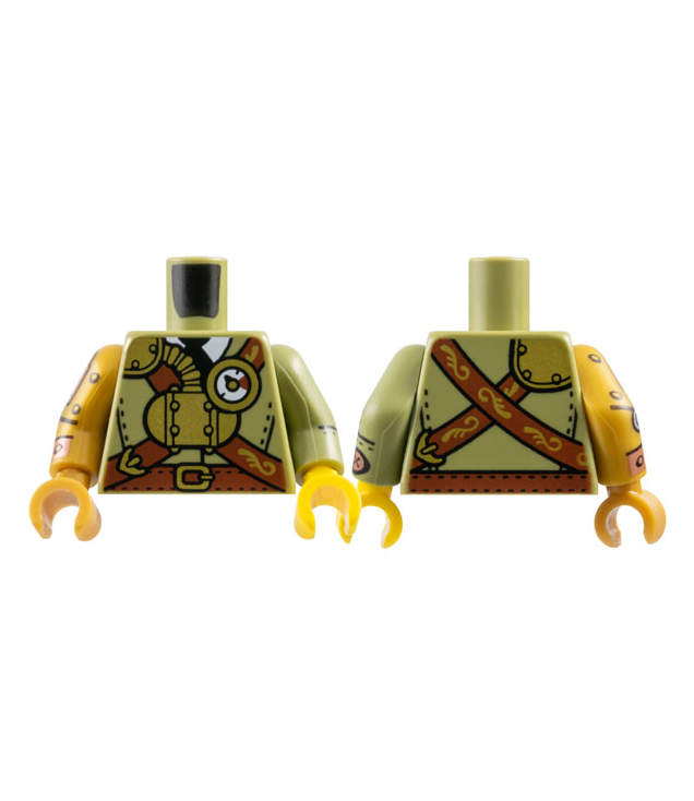 LEGO - Torso pak met roodbruine riem en schouderband, gouden stoomtank, meters en gespen over wit shirt met zwarte stropdas / olijfgroene arm met naden en koperkleurige knopen links / parelgouden arm met koper- en zilverkleurig mechanisch detail rechts - Olive Green | N