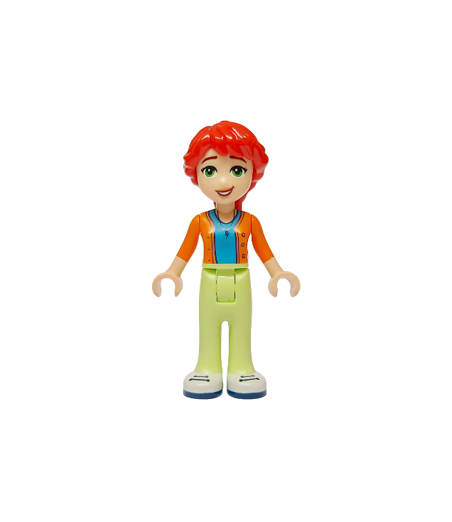 LEGO - Friends Mia (volwassene) - donker-azuur shirt, oranje trui, geelgroene broek, witte schoenen met donkerblauwe zolen en veters - | N