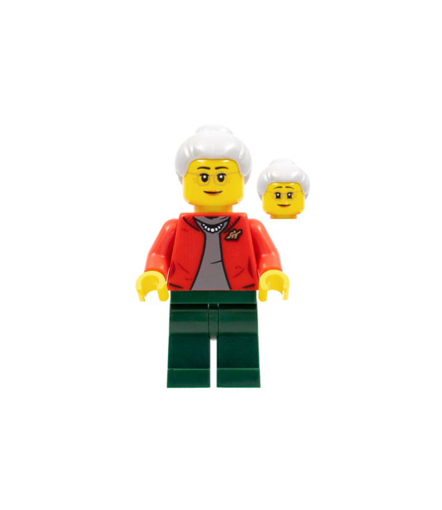 LEGO - Grootmoeder - rode jas, donkerblauwgrijs shirt, donkergroene benen, lichtgrijs haar, bril - | N