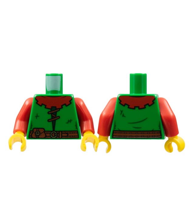 LEGO - Torso kasteel Forestman met rode kraag, roodbruine vetering en riem met tas, donkergroene stiksels en gouden gespen / rode armen / gele handen - Green | N