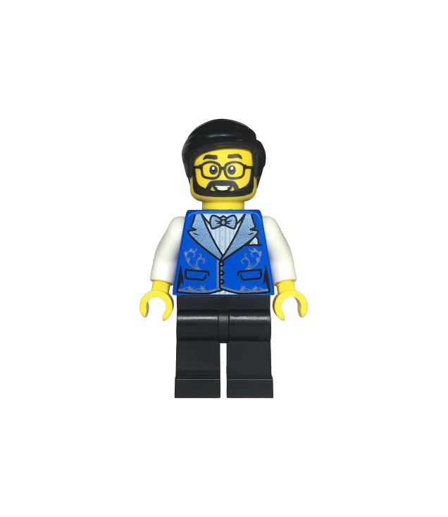 LEGO - Hotelreceptionist - man, blauw vest met metallic lichtblauwe revers, zwarte benen, zwart haar, baard en bril - | N