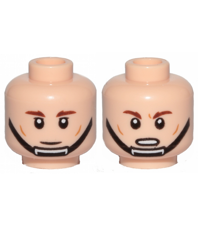 LEGO - Minifiguur-hoofd dubbelzijdig, roodbruine wenkbrauwen, wanglijnen, zwarte kinband, neutrale mond / fronsend open mond met tanden - geventileerde nop - Light Nougat | N