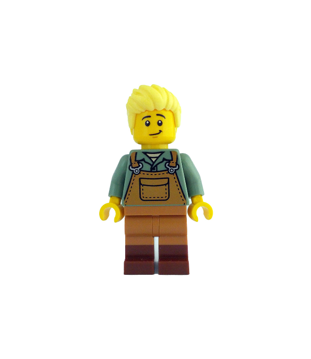 LEGO - Tuinman - man, middel-nougat overall over zandgroen shirt, roodbruine laarzen, lichtgeel haar - | N