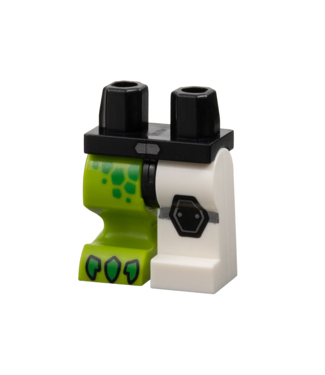 LEGO - Heupen met 1 witte linkerbeen, 1 limoengroen rechter dierenbeen met zwarte zeshoek-kniebeschermer links en felgroene schubben en klauwen rechts - Black | N
