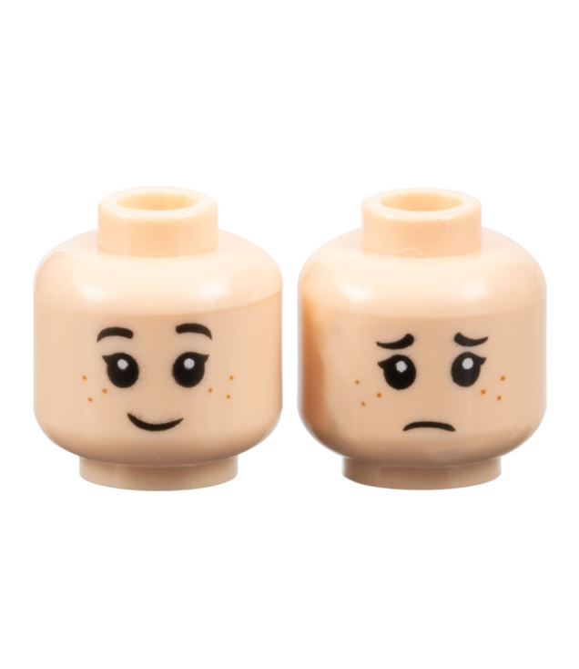 LEGO - Minifiguur-hoofd dubbelzijdig kind, zwarte wenkbrauwen en wimpers, donkeroranje sproeten, glimlach / verdrietige frons - holle nop - Light Nougat | N