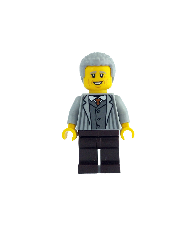 LEGO - Man - lichtblauwgrijs jasje met krijtstrepen, donkerbruine benen, lichtgrijs krullend haar - | N