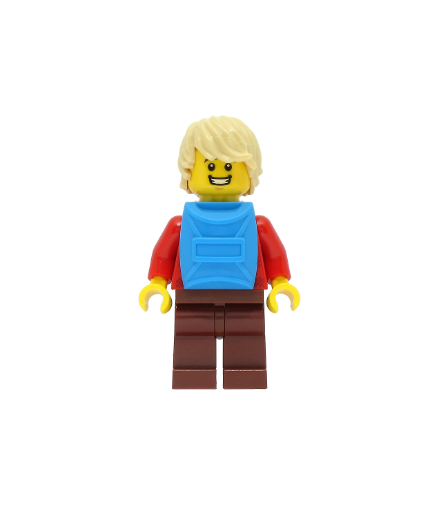 LEGO - Passagier - man, rood geruit flanellen overhemd, roodbruine benen, zandkleurig haar, donker-azuur rugzak - | N