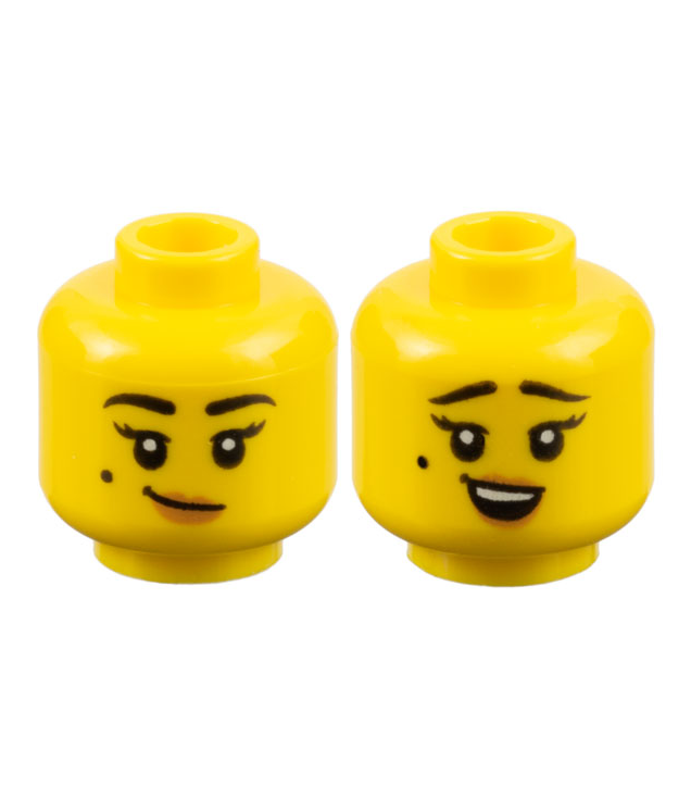 LEGO - Minifiguur-hoofd dubbelzijdig vrouw, zwarte wenkbrauwen, schoonheidsvlek, nougat lippen, scheve grijns / verbaasd patroon - holle nop - Yellow | N