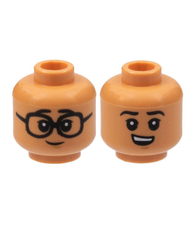 LEGO - Minifiguur-hoofd dubbelzijdig, zwarte wenkbrauwen en witte pupillen, bril / grijns met tanden - holle nop - Nougat | N