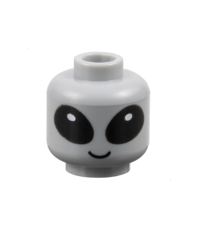 LEGO - Minifiguur-hoofd, buitenaards wezen met grote zwarte ogen met witte glans en grijns - geventileerde nop - Light Bluish Gray | N