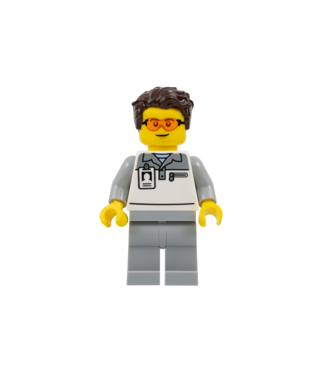LEGO - Formule 1-monteur - man, lichtblauwgrijs-wit poloshirt, lichtgrijze benen, donkerbruin warrig haar, veiligheidsbril - | N