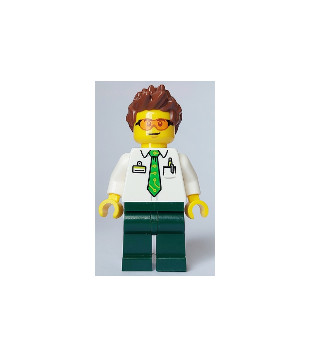 LEGO - Elektrische-steprijder - man, wit shirt met felgroene stropdas, donkergroene benen, roodbruin stekelig haar, veiligheidsbril - | N