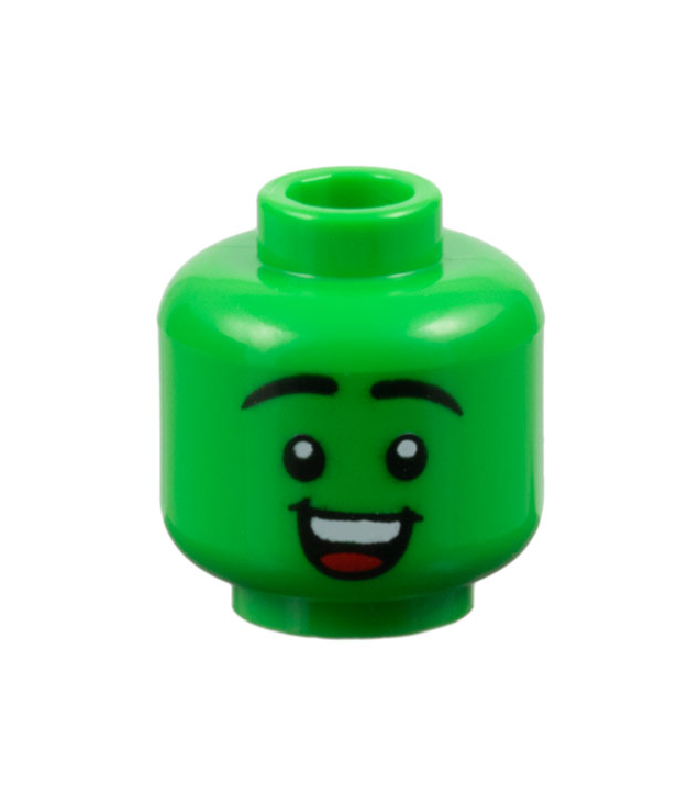 LEGO - Minifiguur-hoofd met opgetrokken zwarte wenkbrauwen, open mond glimlach met boventanden en rode tong - geventileerde nop - Bright Green | N