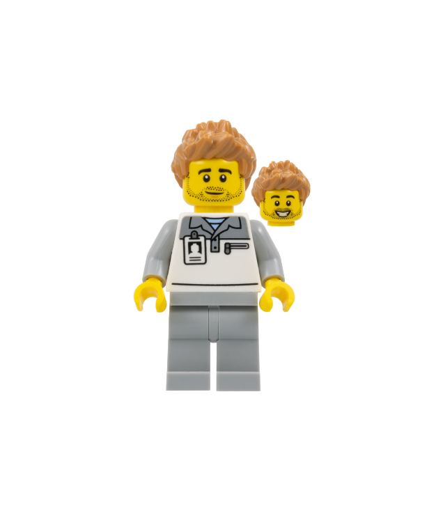 LEGO - Formule 1-monteur - man, lichtgrijs-wit poloshirt, lichtgrijze benen, middel-nougat stekelig haar, stoppels - | N
