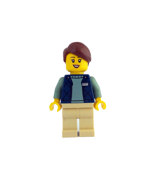 LEGO - Beheerder botanische tuin - vrouw, donkerblauwe bodywarmer over zandgroene trui, beige benen, roodbruin haar - | N