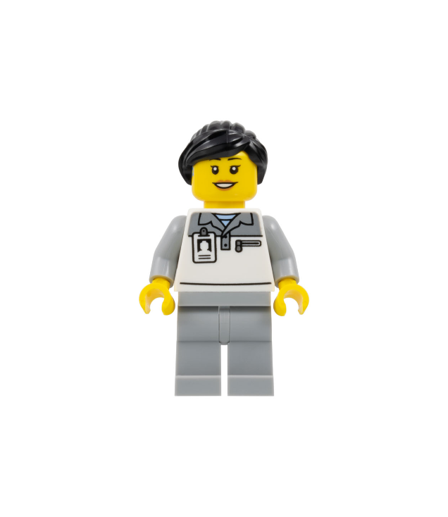 LEGO - Formule 1-monteur - vrouw, lichtgrijs-wit poloshirt, lichtgrijze benen, zwarte paardenstaart, cochleair implantaat - | N