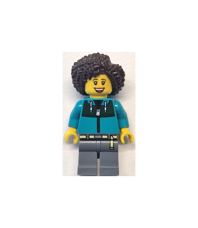 LEGO - Buspassagier - vrouw, donker-turquoise jas met donkergroen vlak, donkergrijze benen, donkerbruin haar - | N