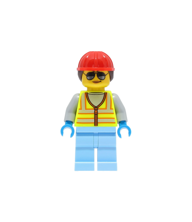 LEGO - Ruimte-ingenieur - vrouw, neongeel veiligheidsvest, lichtblauwe benen, rode bouwhelm met donkerbruine paardenstaart, zonnebril - | N