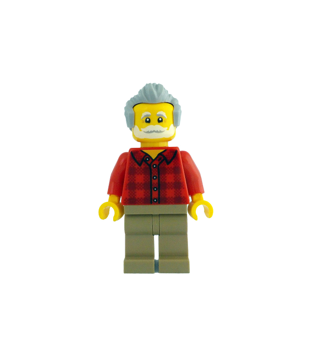 LEGO - Man - rood geruit flanellen overhemd, donkerbeige benen, lichtgrijs naar achter gekamd haar - | N