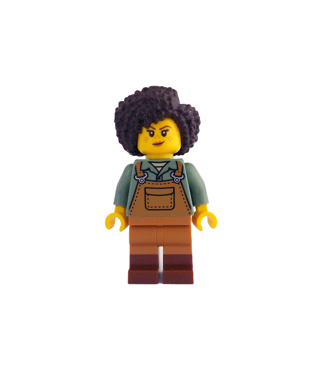 LEGO - Tuinierster - middel-nougat overall over zandgroen shirt, roodbruine laarzen, donkerbruin haar - | N