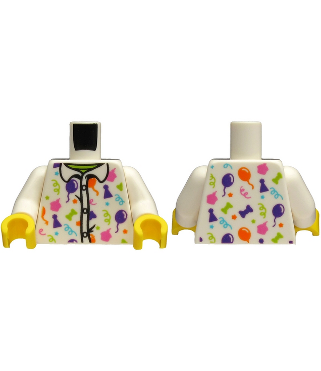 LEGO - Torso shirt met donkerroze, paars, lime, middel-azuur en oranje feestaccessoirepatroon / witte armen / gele handen - White | N
