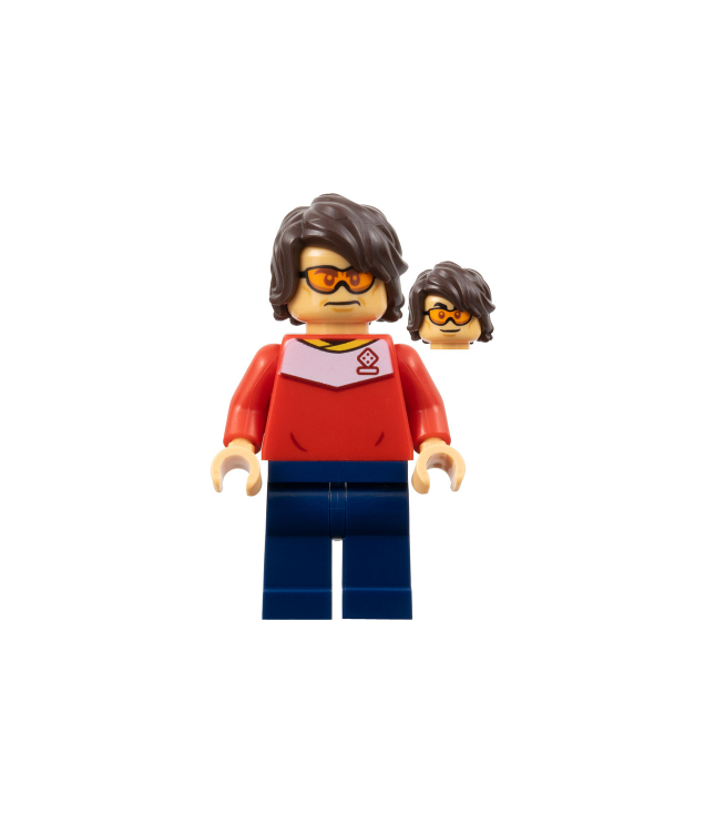 LEGO - Voetbalsupporter - rood shirt, donkerblauwe benen, donkerbruin haar, oranje bril - | N