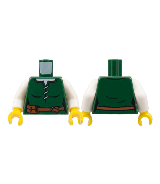 LEGO - Torso vrouwelijk veterblouse met witte hals en roodbruine riem met tasje / witte armen / gele handen - Dark Green | N