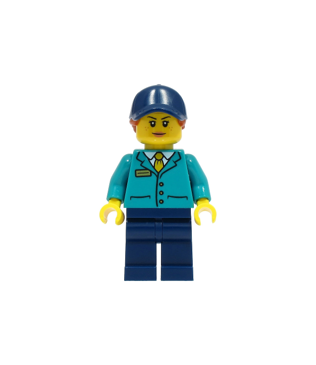 LEGO - Perronmedewerkster - vrouw, donker-turquoise shirt, donkerblauwe benen en pet, donkeroranje haar - | N